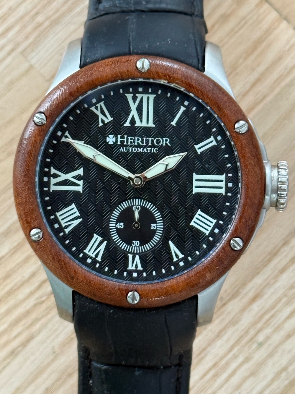 Heritor Automatic Watch Leather Strap Black Textured Dial Leather Strap Date